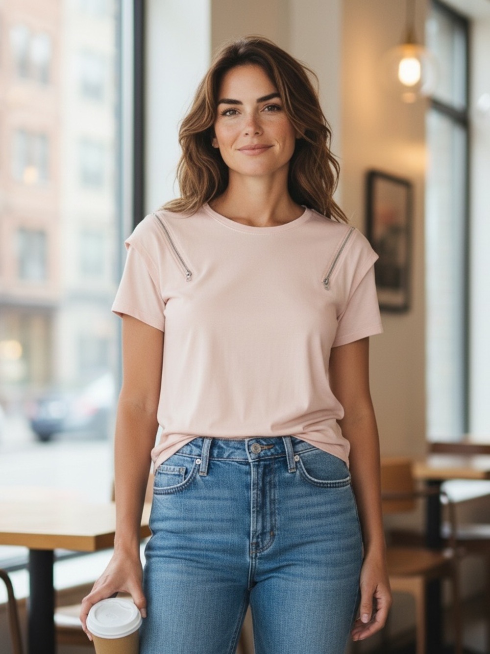 DKNY Short-Sleeve Crewneck Top in Light Pink with Shoulder Zippers- Large